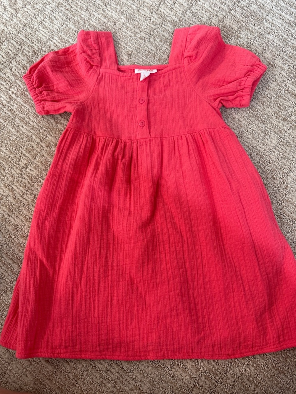 Cat & Jack Girls Coral Red Cotton Dress - Short Puff Sleeves